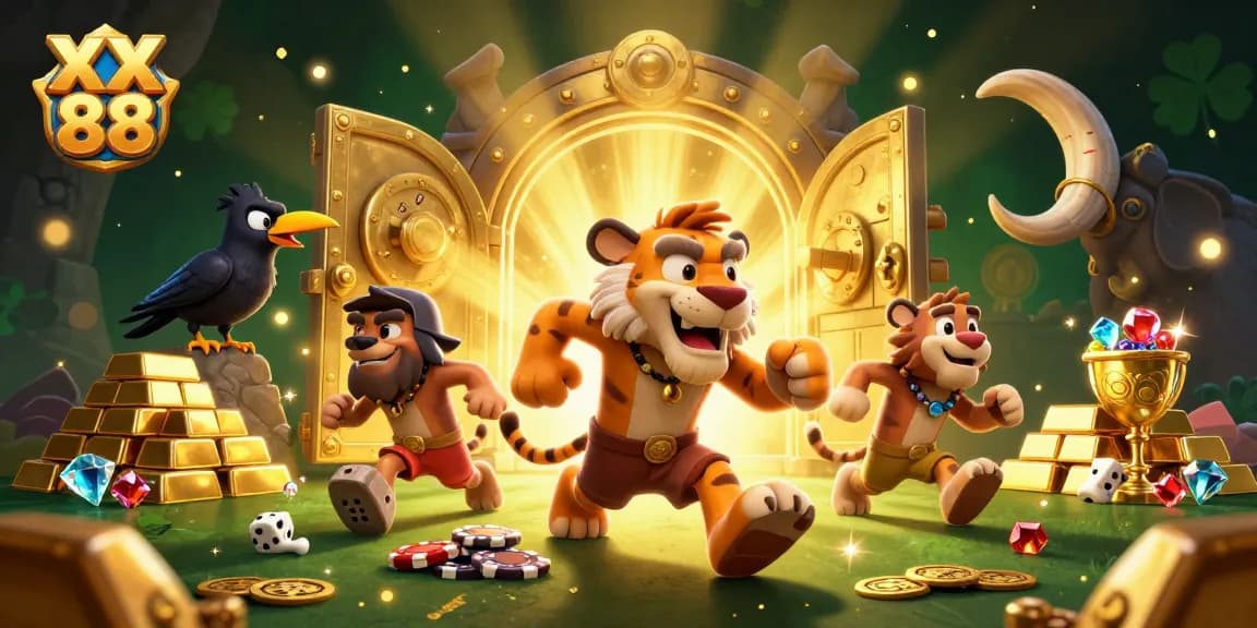 Experience excitement with XX 88 in a vibrant prehistoric casino scene filled with gold and gems.