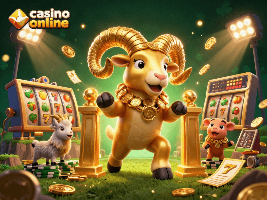 Experience thrilling casino online gameplay with a golden ram charging amidst vibrant slot reels.