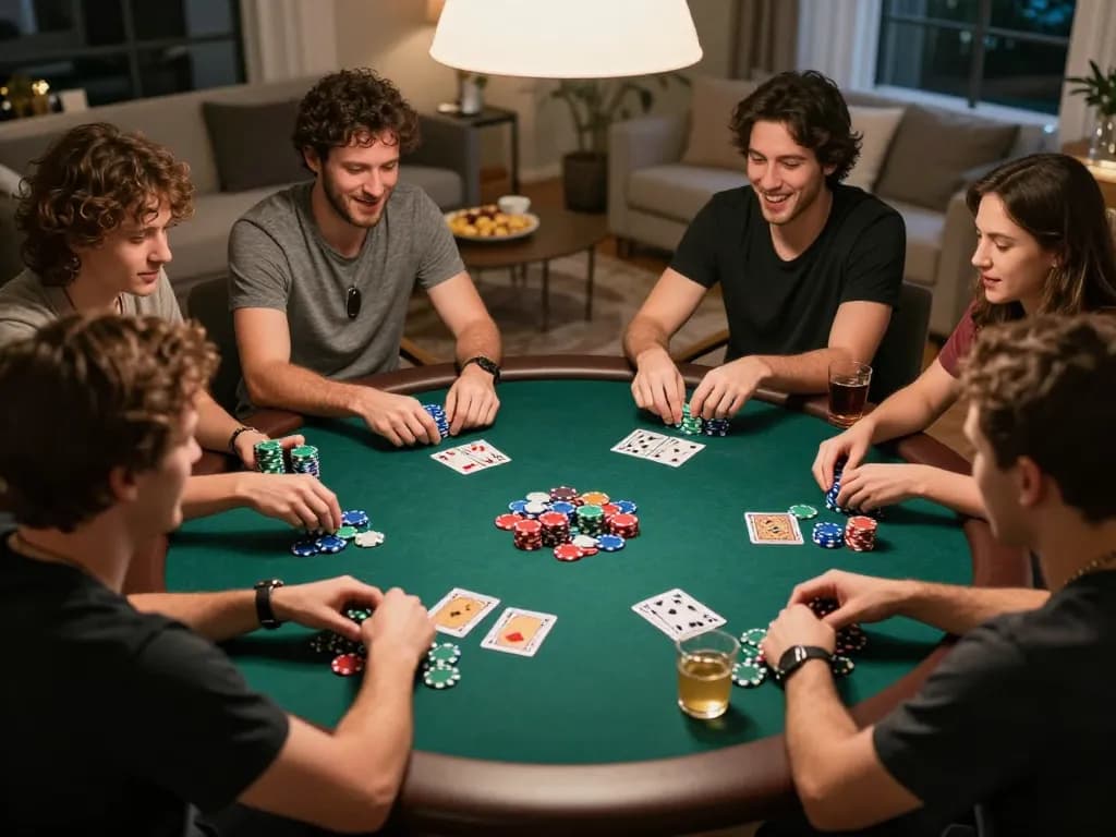 Friends enjoying an intense poker night at home, showcasing the excitement of Jun88 games.