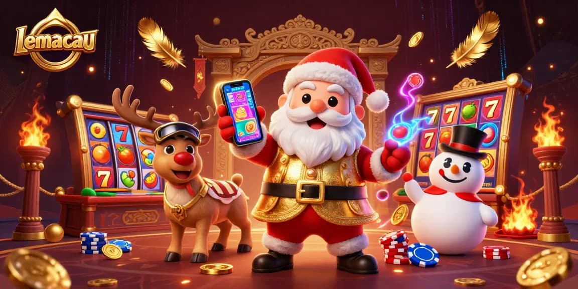 Lemacau’s lively scene showcasing winning slots with the festive Santa, reindeer dealer, and poker chip snowman.