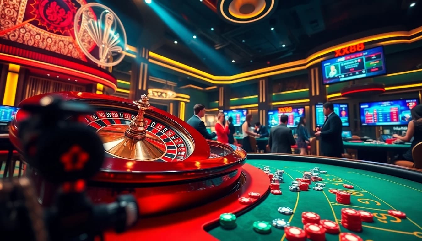 Experience high-stakes excitement with xx88 at a luxurious casino table featuring a vibrant roulette wheel.