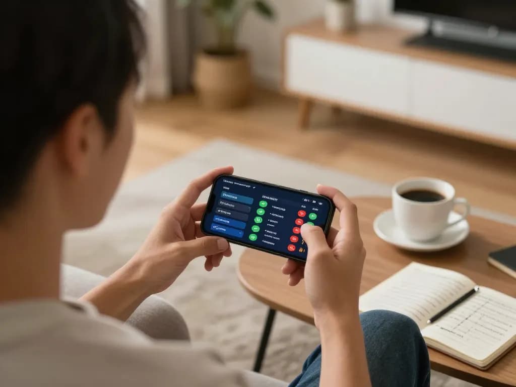 Engaging in sports betting on Luck8 using a smartphone in a cozy home setup for responsible gaming