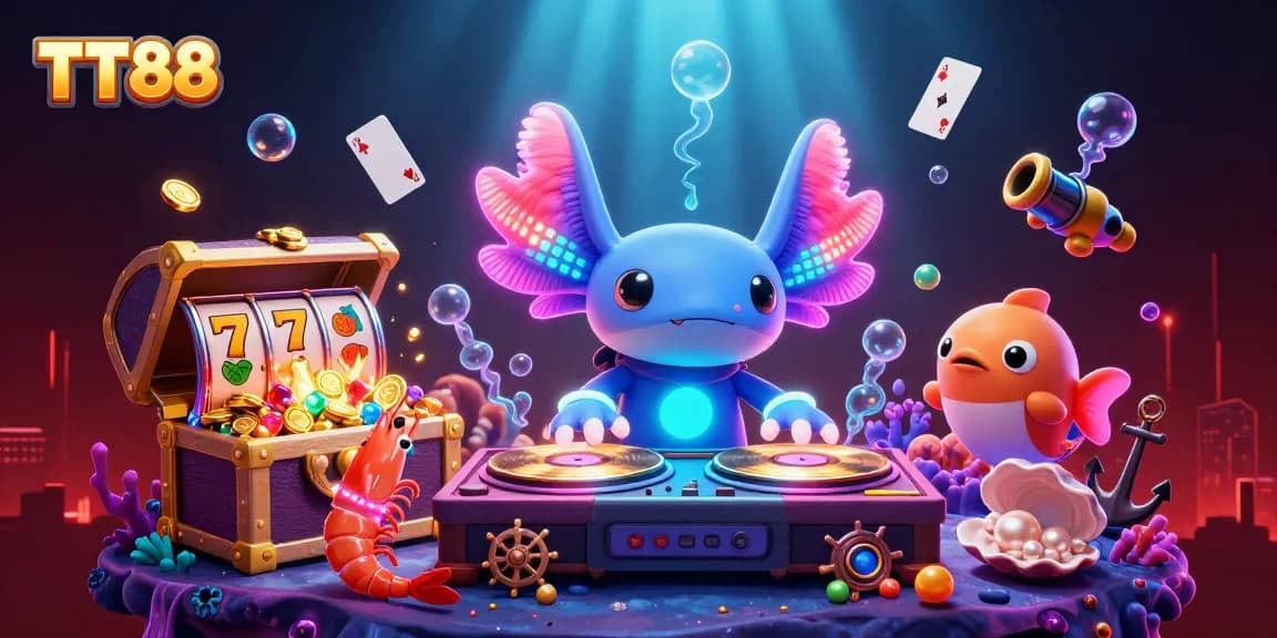 TT88 showcases vibrant slot elements with a neon axolotl DJ, spinning records and gold, capturing the thrill of gaming.