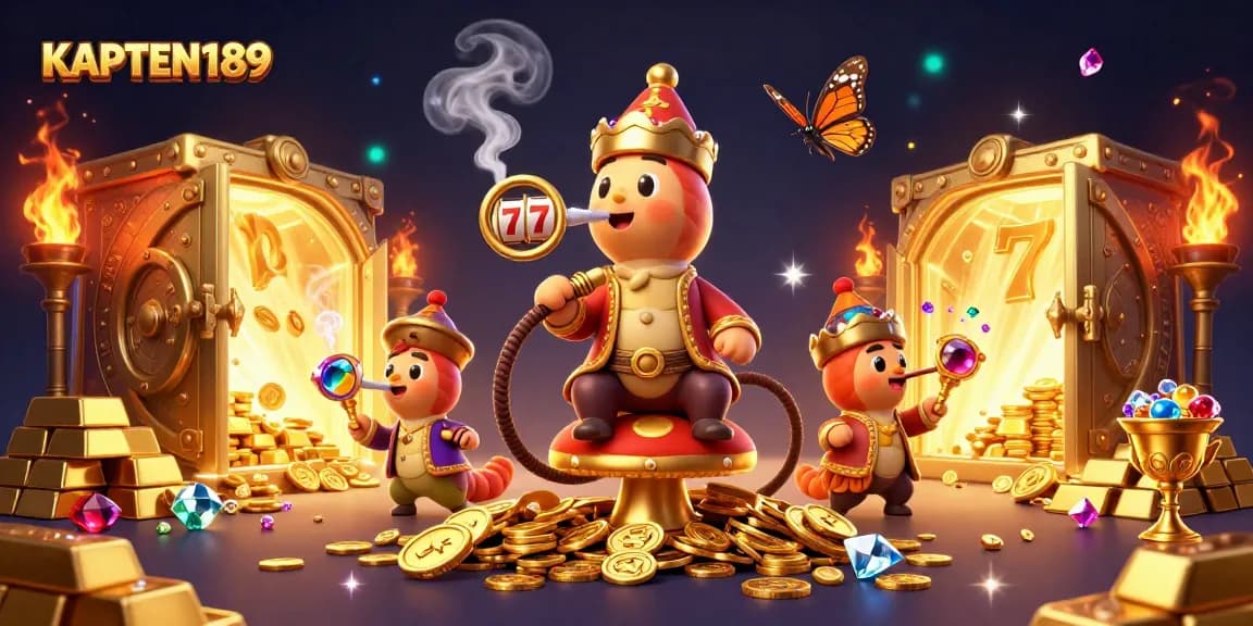 KAPTEN189 memukau dengan ilustrasi kasino 3D yang menampilkan karakter dalam tema slot dan perhiasan berkilau