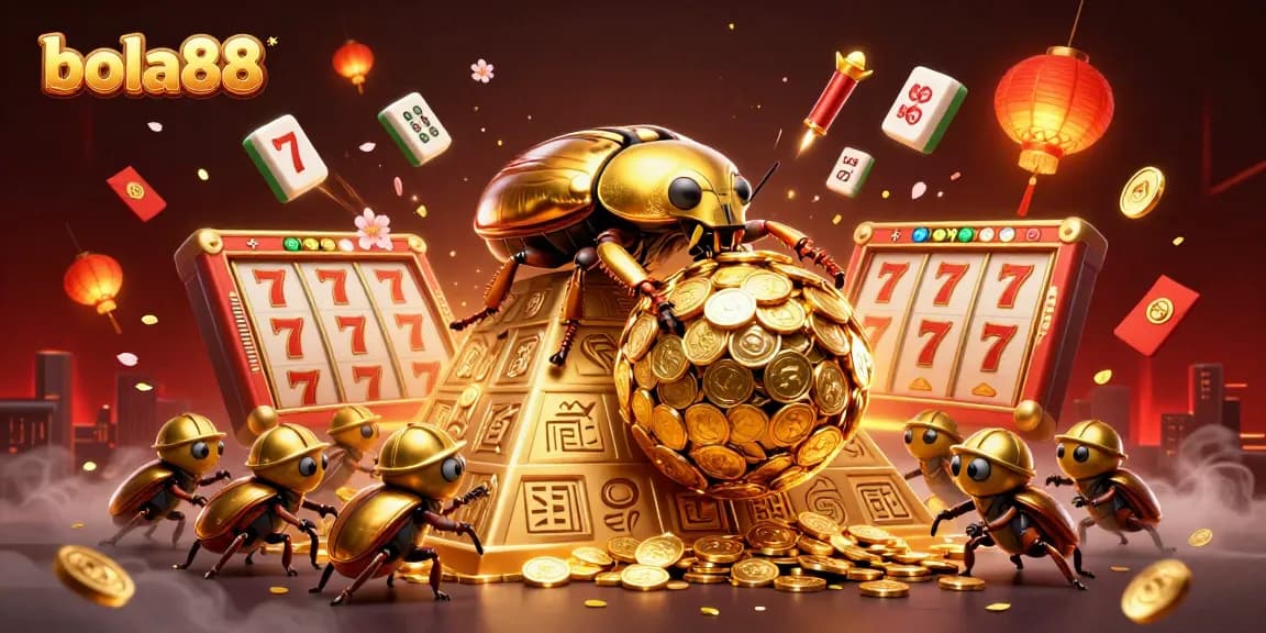 Bola88 presents a vibrant scene with a golden dung beetle rolling coins, showcasing thrilling jackpot slots.