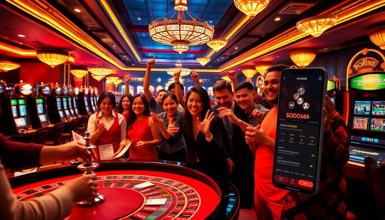 SODO66 players celebrating at a casino table with cards and chips, showcasing the thrill of online gambling.