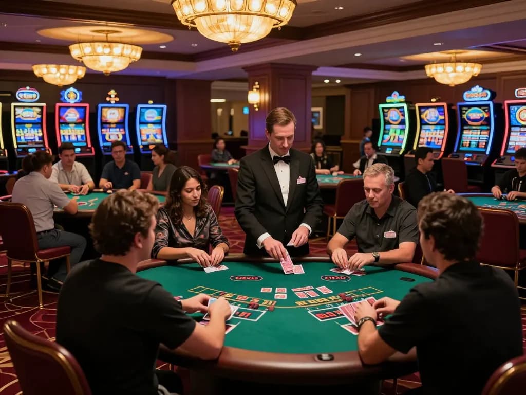 GO88 players engaging in blackjack at upscale casino, showcasing dynamic gameplay and luxurious atmosphere.