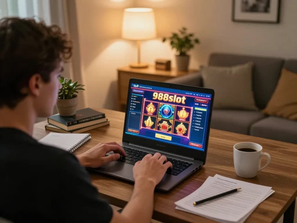 Engaged player enjoying 988slot online gaming on a laptop in a cozy home setting.