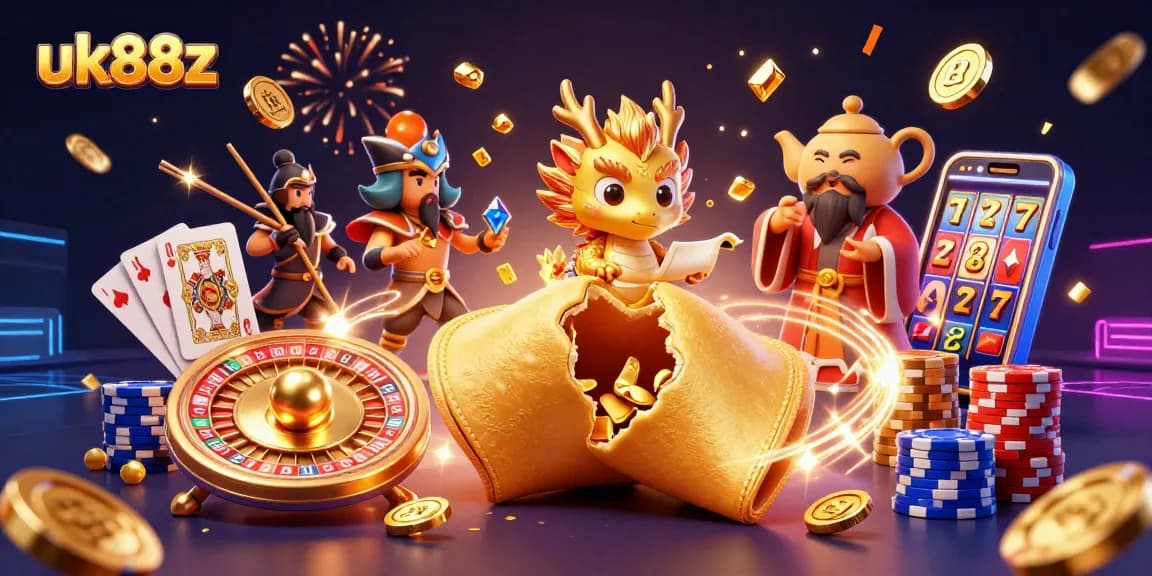 Spin the winning uk88z reels with a vibrant cartoon casino scene featuring a fortune cookie and dragon.