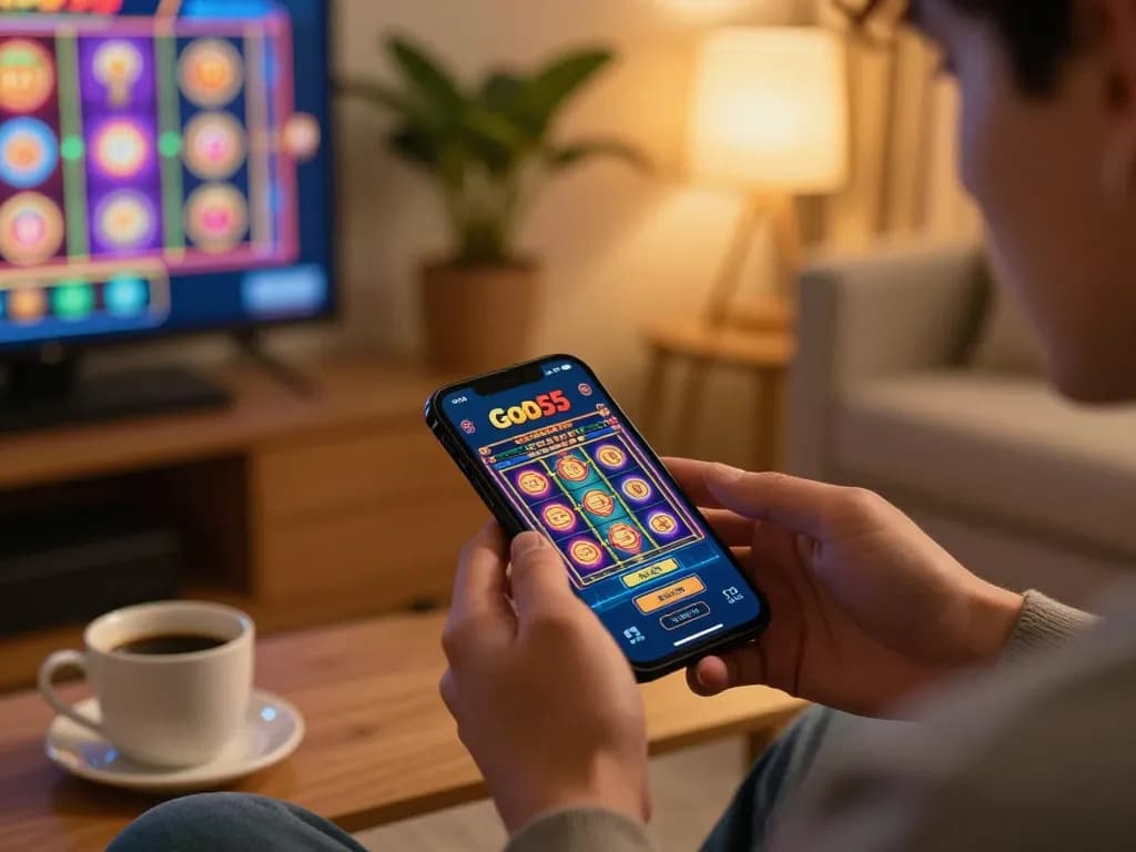 Playing God55 on a mobile app in a cozy living room, highlighting an engaging gaming experience.