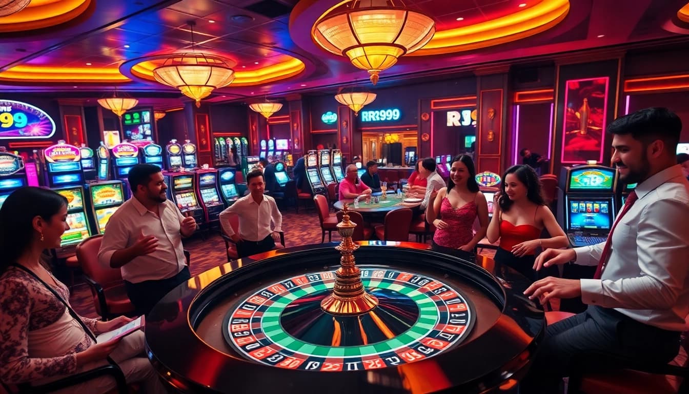 The rr99 casino scene showcases players engaging at a roulette table amidst a vibrant gambling atmosphere.