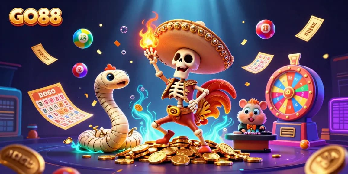 Experience exciting gameplay with GO88, featuring vibrant characters, colorful elements, and casino excitement.