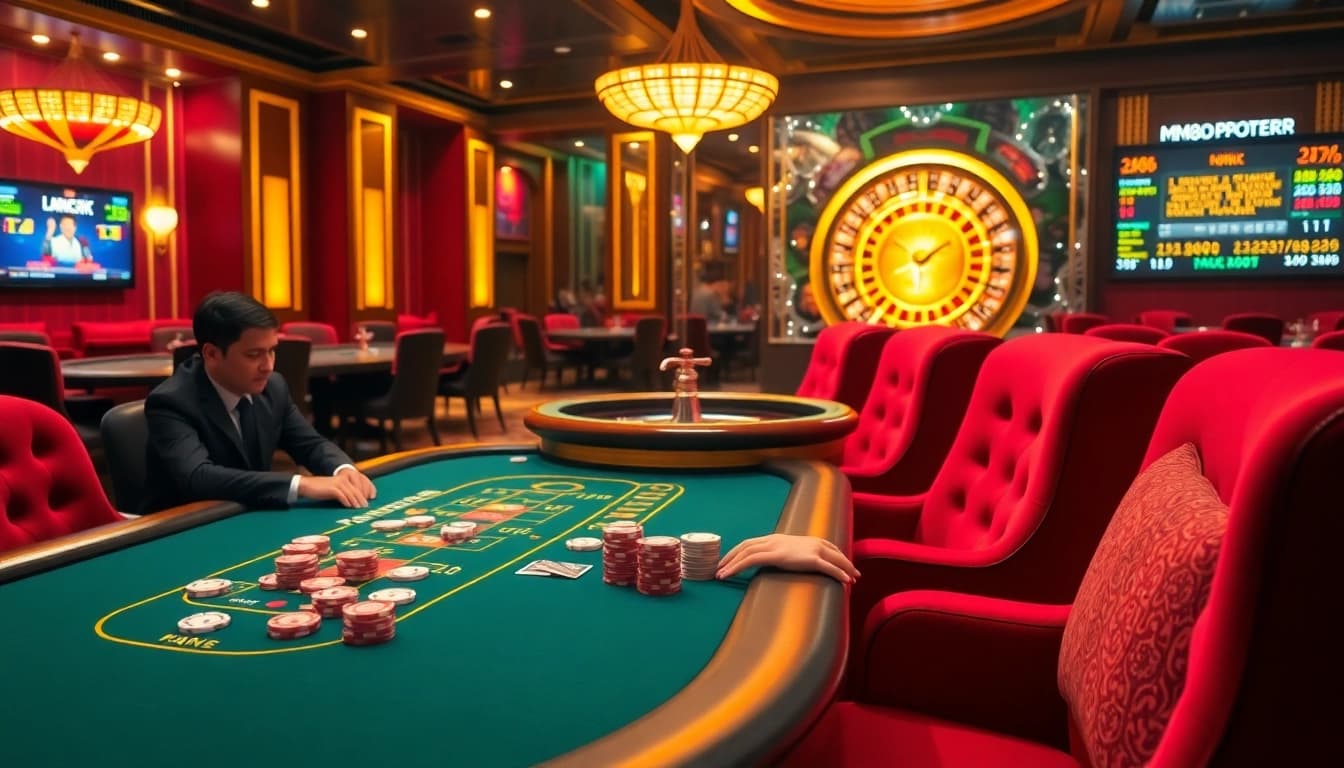 Engaged gamblers at a luxurious casino room showcasing poker and roulette, linked to MM88's premium betting experience.