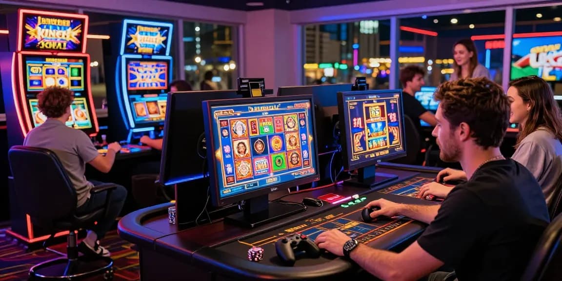 Exciting gaming scene at new online casinos UK, featuring players engaging with vibrant slot games and live dealers.