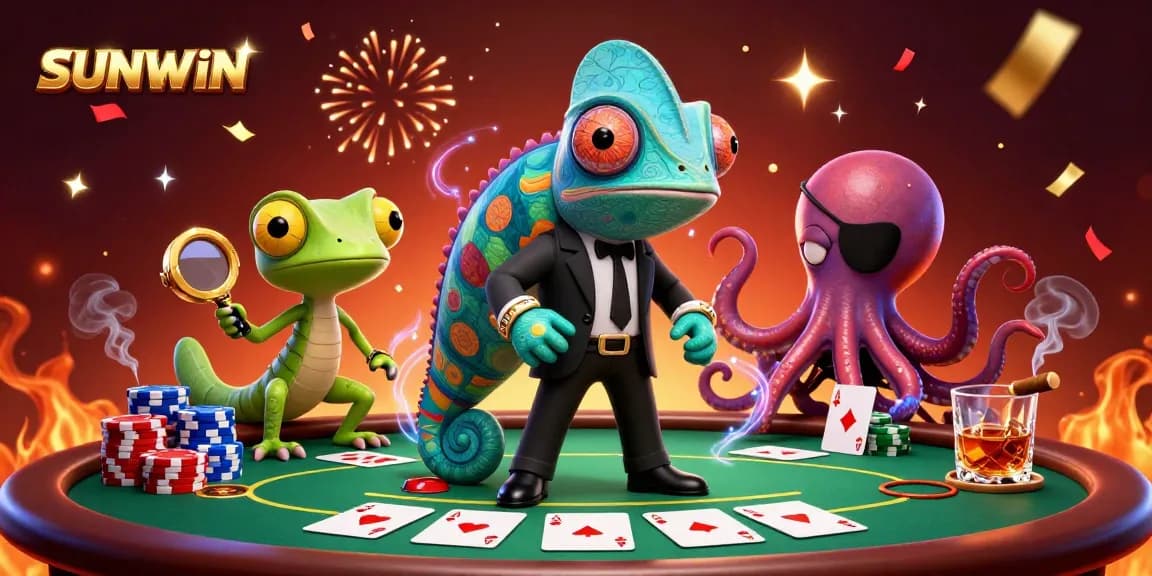 SUNWIN chameleon secret agent and gecko Q enjoying a dynamic poker scene filled with colorful chips