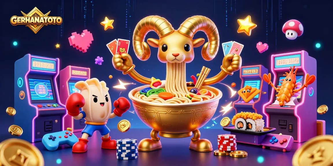 GERHANATOTO menampilkan pemain menang dengan kartu dan chip dalam ilustrasi kasino yang dinamis.