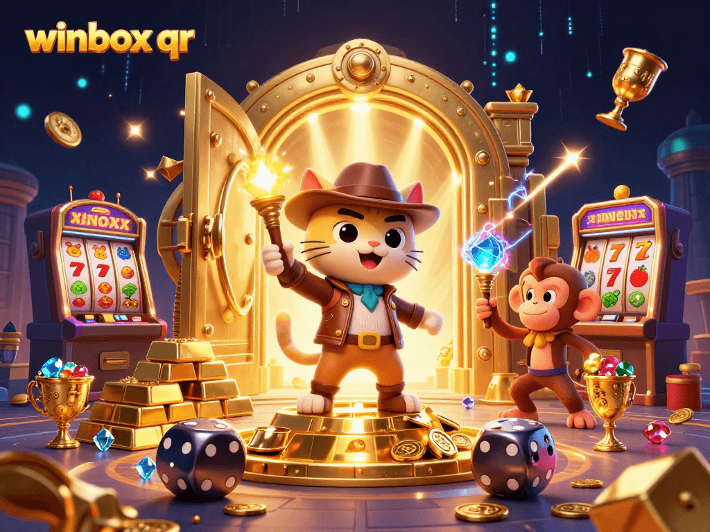Engage with winbox qr through vibrant casino adventure featuring explorers and slot symbols.