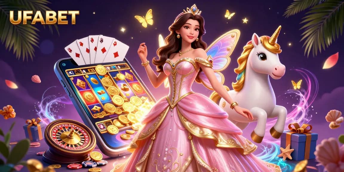 Spin to win at UFABET with a glamorous slot game scene featuring vibrant characters and magical elements.