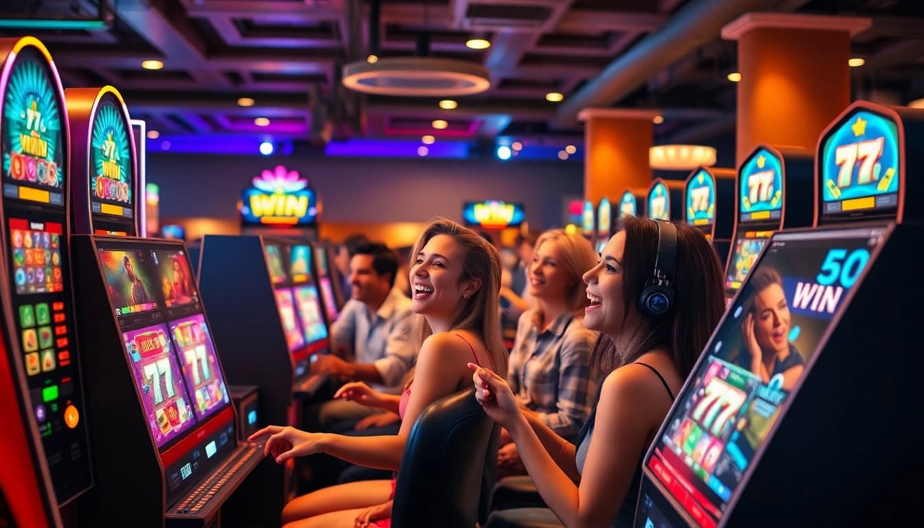 77 win online casino environment attracting excited players with vibrant slot machines.