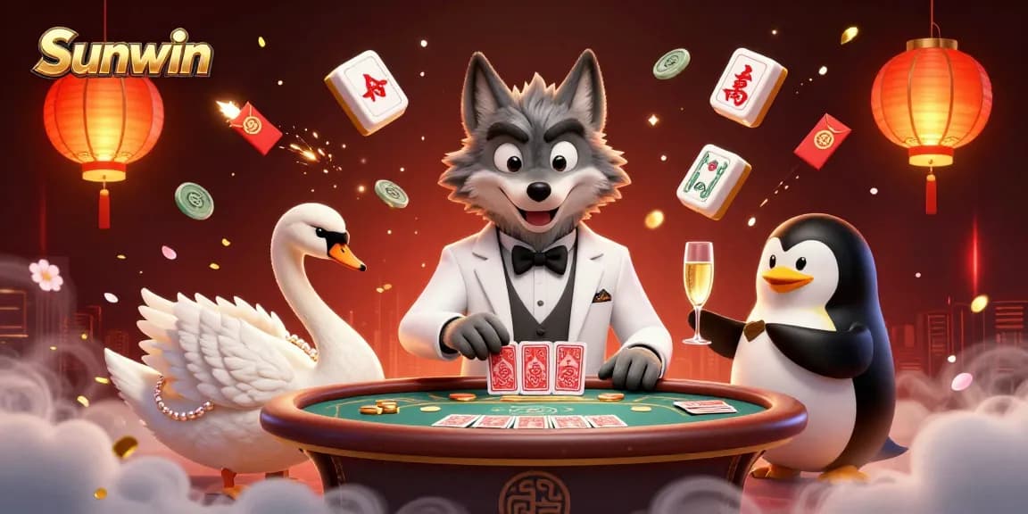 Sunwin enhances gameplay by showcasing a debonair wolf and elegant swan, surrounded by dynamic casino elements.