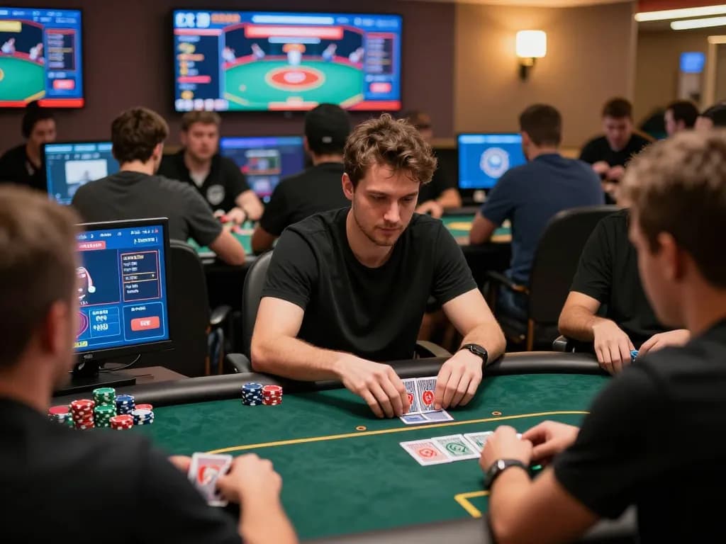 Players engaging in strategic online poker gameplay using Poker88 Alternatif Link in vibrant digital setting.