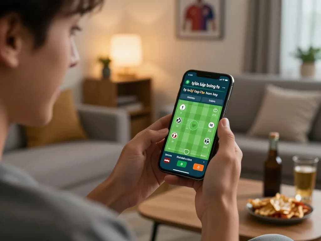 Engage in tỷ lệ kèo bóng đá trực tuyến hôm nay with an energetic sports bettor using a smartphone app.