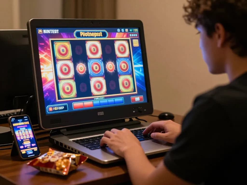 Pemain yang menikmati pengalaman situs slot online di laptop dengan gulungan berwarna-warni
