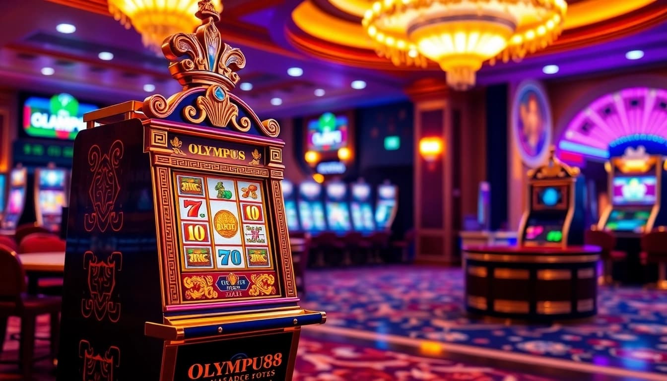 Spin the OLYMPUS88 golden slot machine in a luxurious casino ambiance.