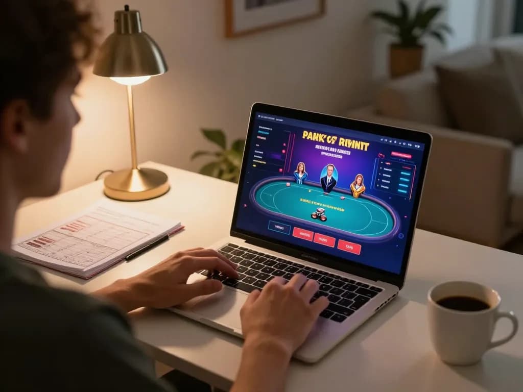 Engaged in online gaming with bangsawan88 daftar on a laptop, showcasing a poker table interface.