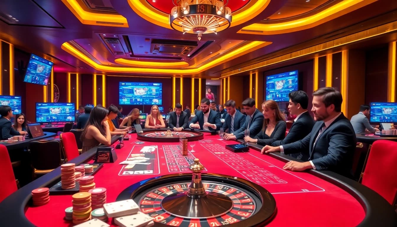 Experience the excitement of gambling at https://lodetructuyen.co/ with a luxurious casino table and vibrant gaming atmosphere.