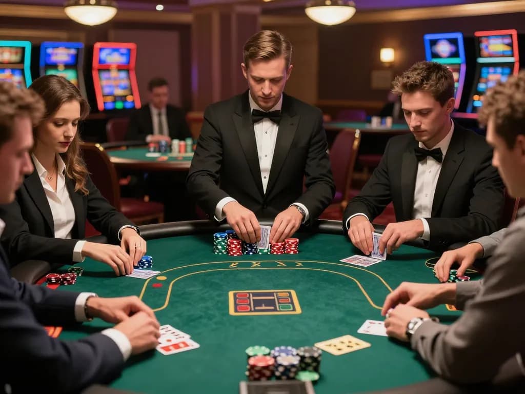 Win678 players strategizing their poker game at a luxurious casino table with focused expressions.