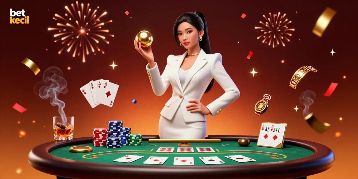 Engage with bet kecil in a vibrant casino scene featuring a confident woman holding a roulette ball surrounded by poker games.