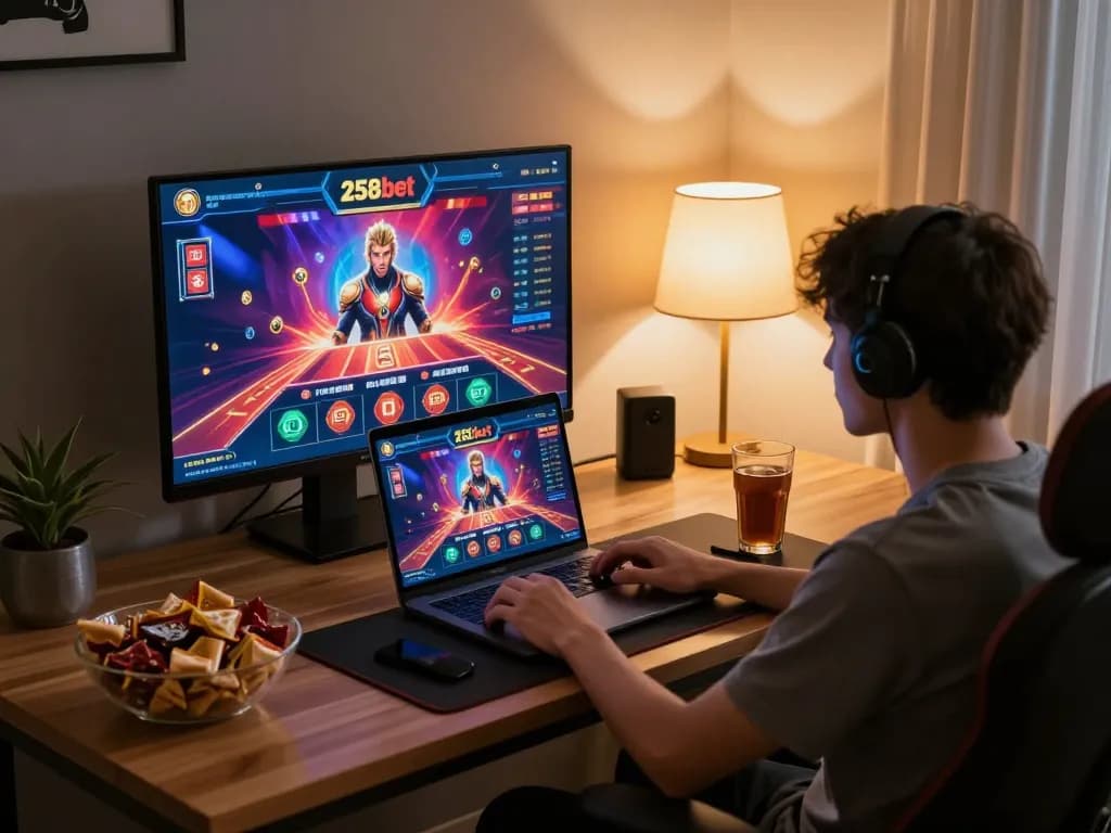 Player experiencing thrilling online gaming with 258bet on laptop, cozy homely environment.