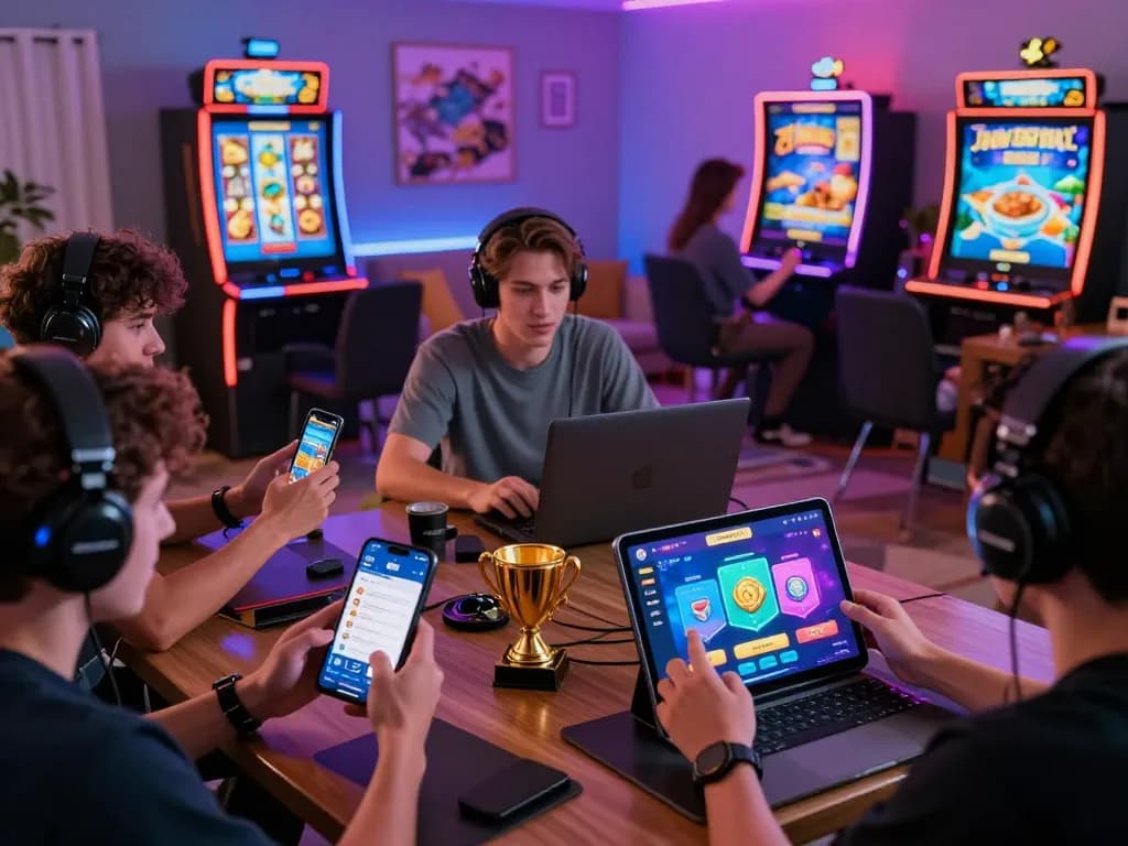 Exciting online gaming scene showcasing Rikvip platform with diverse players engaging on devices, vibrant atmosphere with game animations.