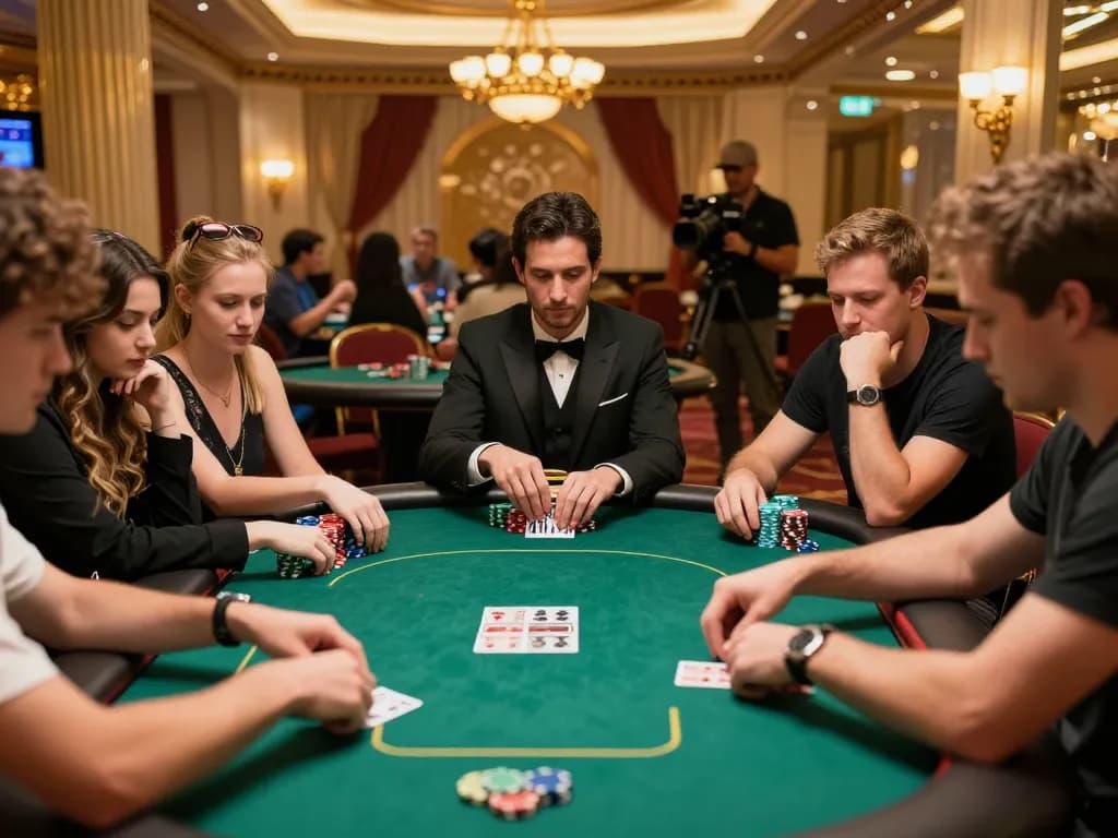 Players strategizing at a high-stakes poker table in a luxurious casino, capturing the essence of 388bet gaming.