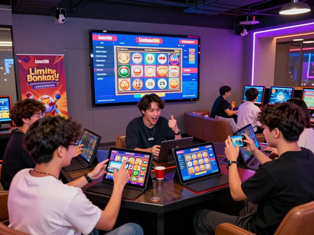 Pemain yang antusias berinteraksi dengan platform laoban188 di lounge permainan yang hidup.