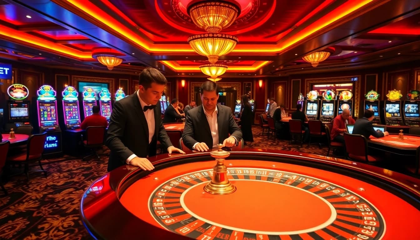 Experience the excitement of 12BET with a vibrant casino scene showcasing thrilling games.