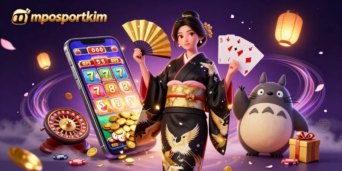 Spin reels and claim bonuses with mposportkim, featuring an elegant Asian woman in a vibrant casino scene.