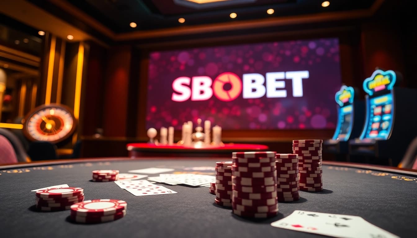 SBOBET logo enhances a luxurious casino scene with poker chips and a roulette wheel, signaling excitement in online gambling.