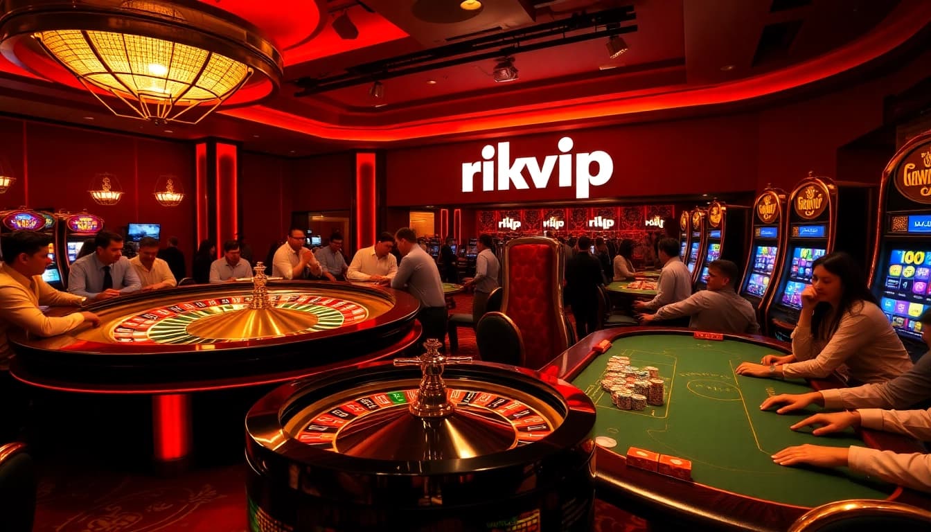 Play exciting casino games at rikvip with roulette, poker tables, and vibrant slot machines.