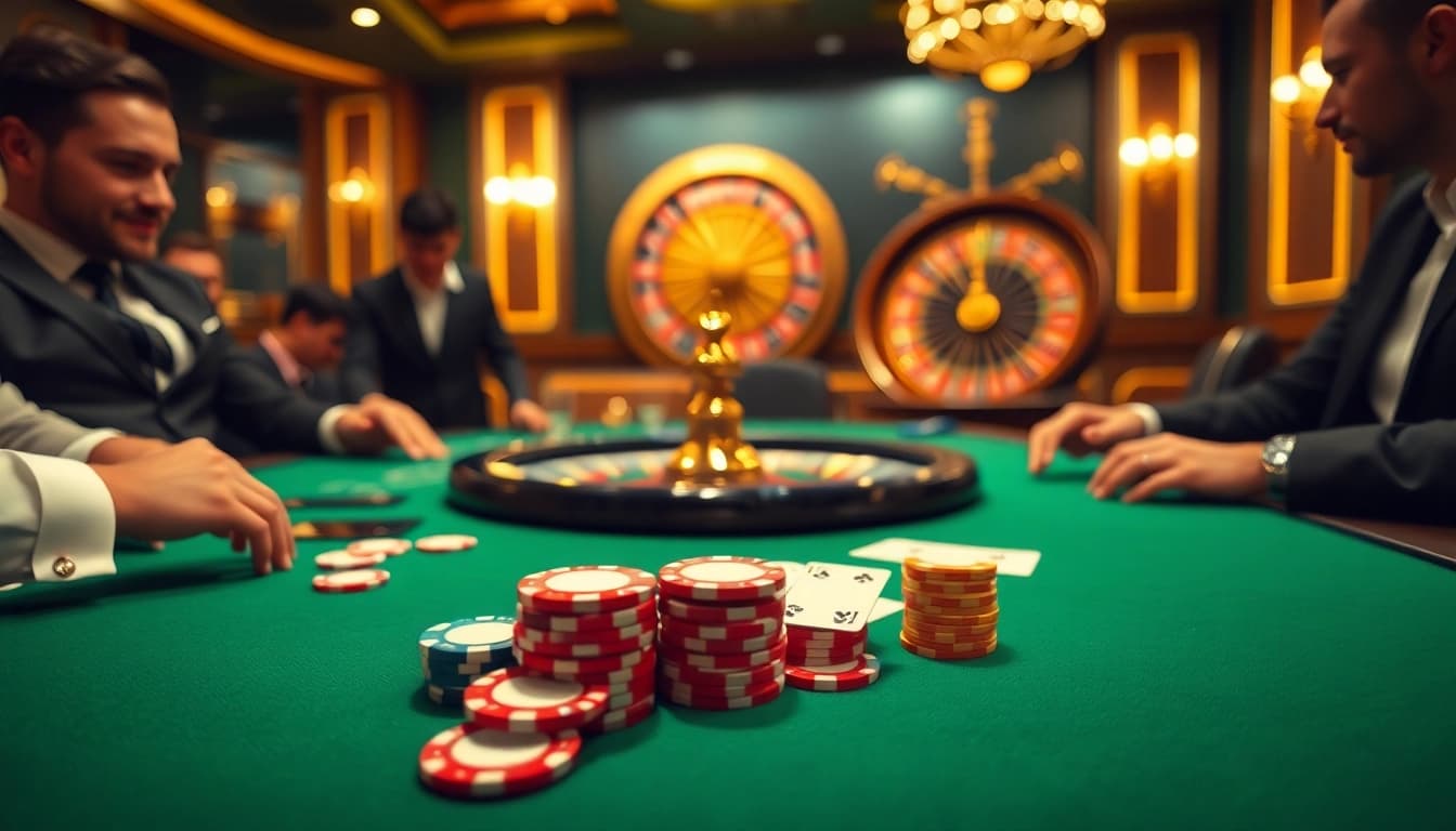 KONG88 poker game scene with vibrant chips and a spinning roulette wheel.