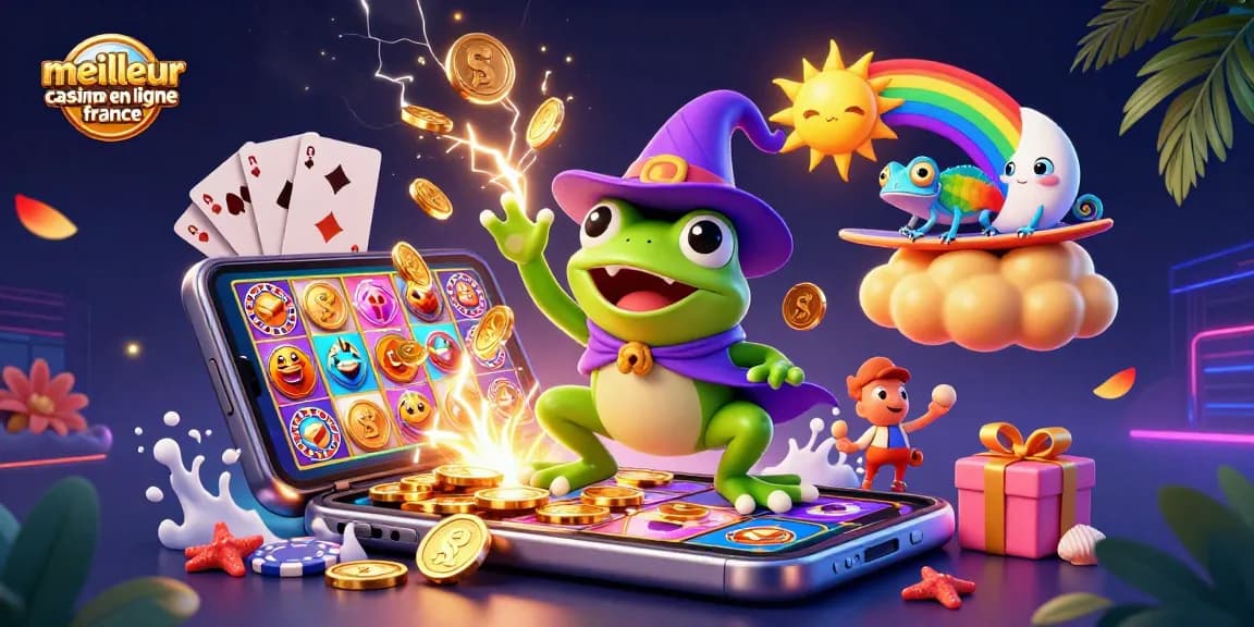 Engagez-vous avec des jeux palpitants au meilleur casino en ligne france, avec une illustration 3D vibrante d'un monde de casino magique.