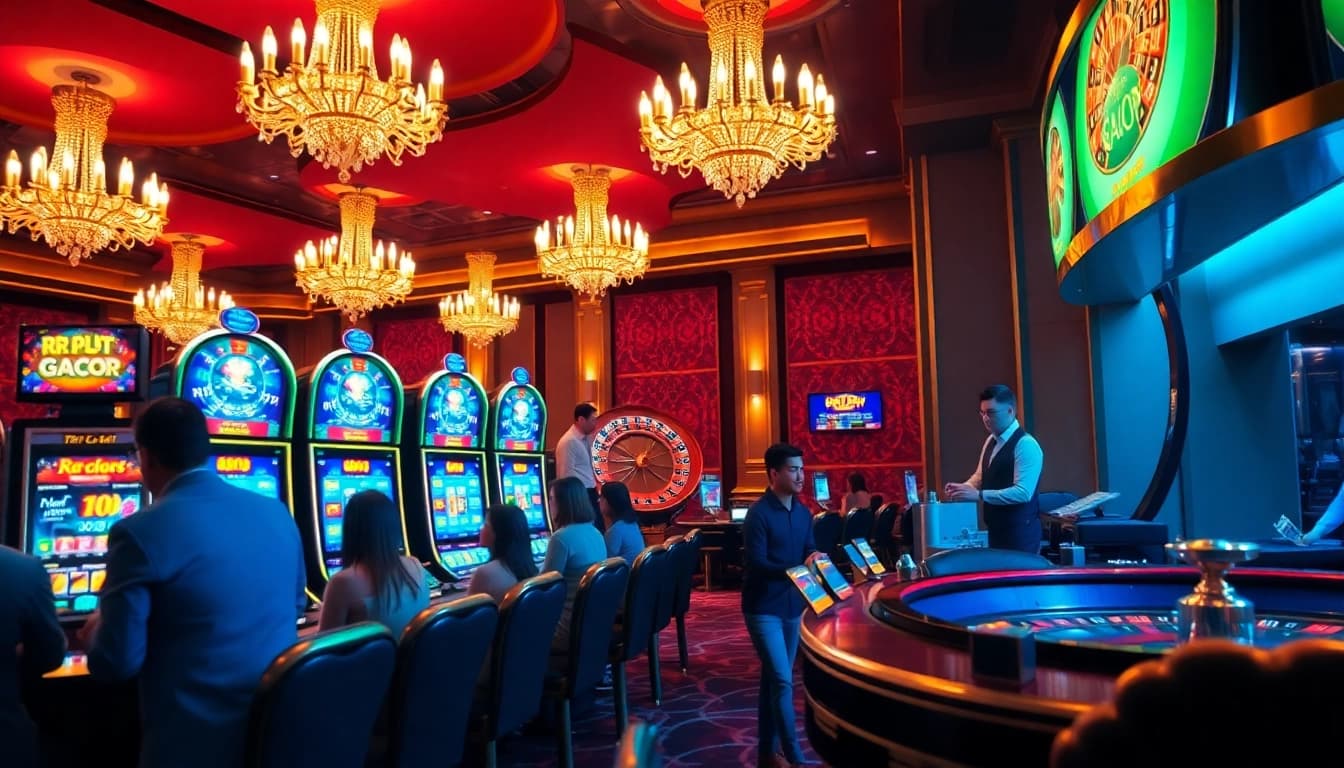 Experience the excitement of RTP Slot Gacor with vibrant slot machines in a luxurious casino setting.