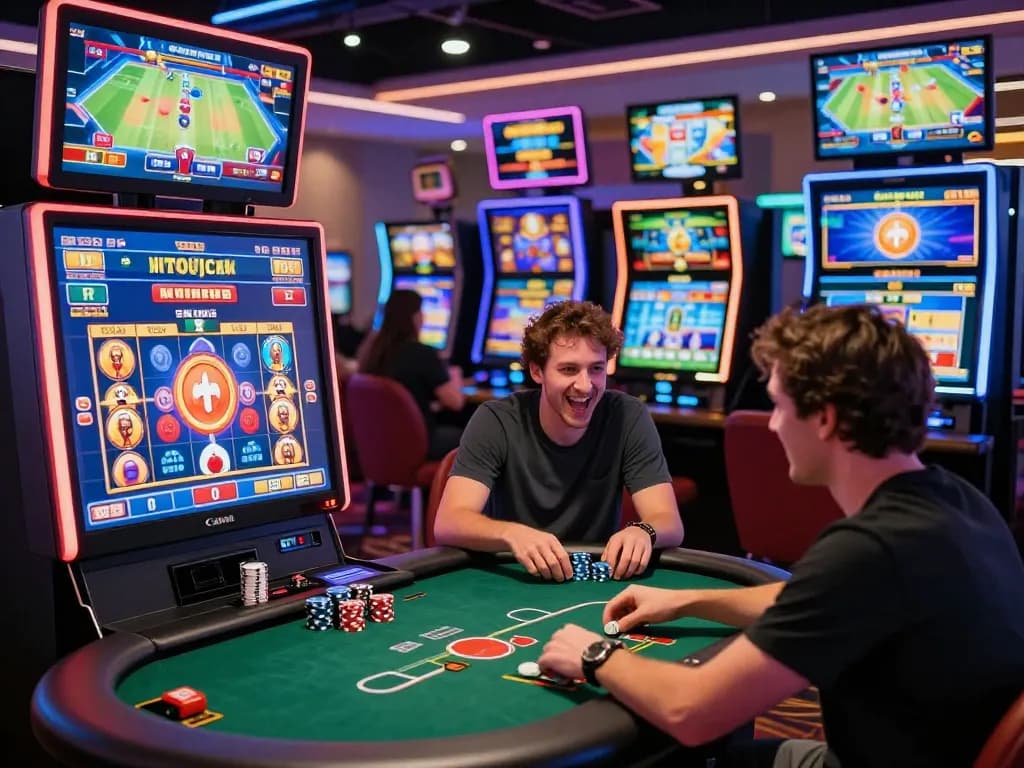 Exciting online gaming at https://kuwincom.net/ with players enjoying poker and slot machines in a vibrant digital casino.