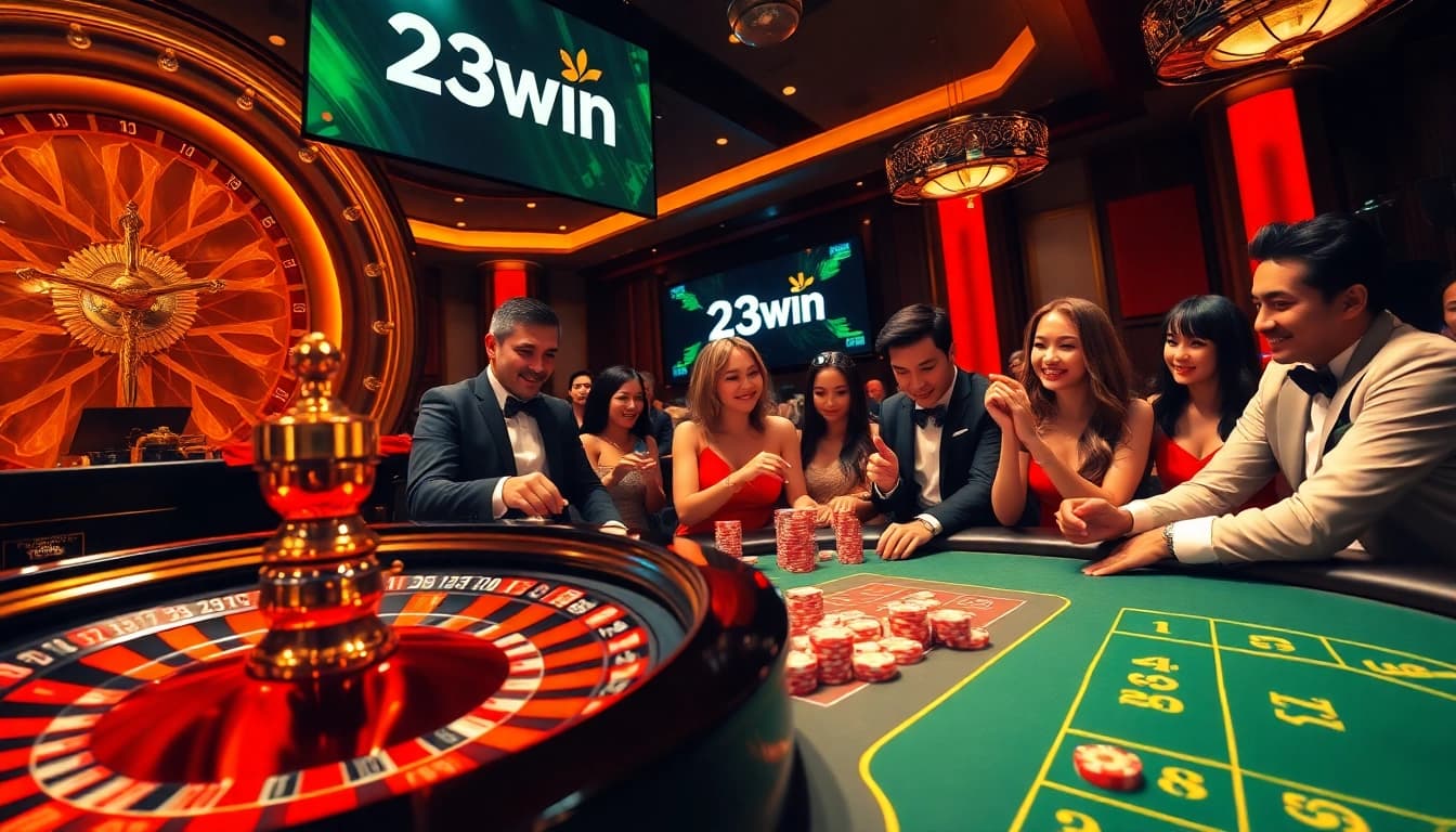 Players in a luxurious casino setting enjoying games at 23win, surrounded by colorful poker chips and a roulette wheel.