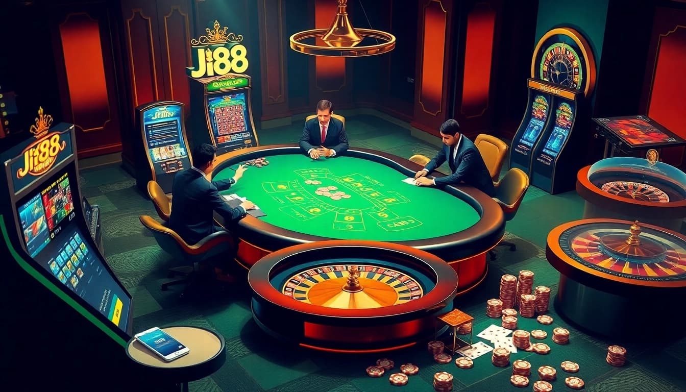 J88 players engaging in an exciting poker game at a luxurious online casino.