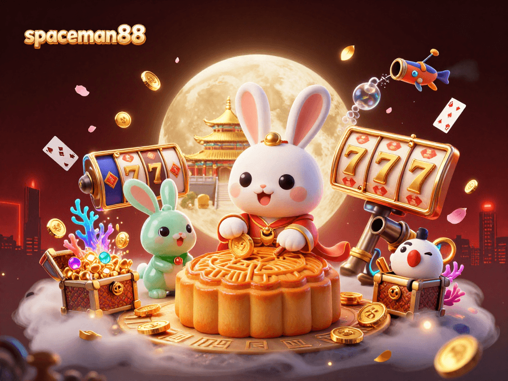 spaceman88 showcases a vibrant casino scene with a moon rabbit and poker elements revealing winning jackpots