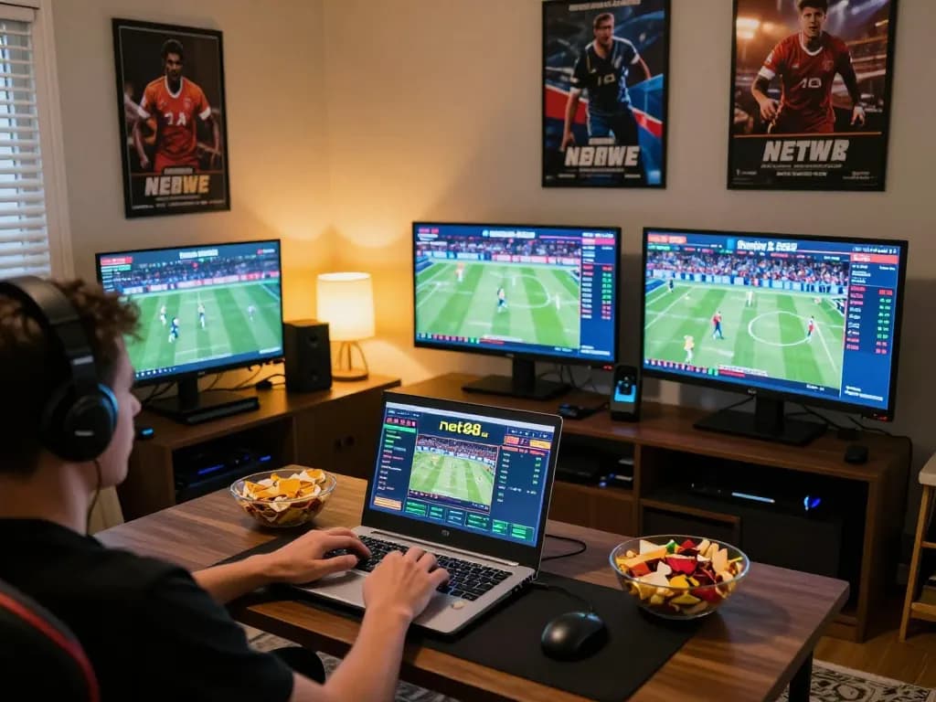 Engaging sports betting action on net88 with vibrant online gaming setup and cozy atmosphere