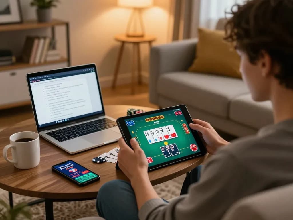 Sesi permainan online di Planet 77 dengan pemain yang fokus pada strategi poker.