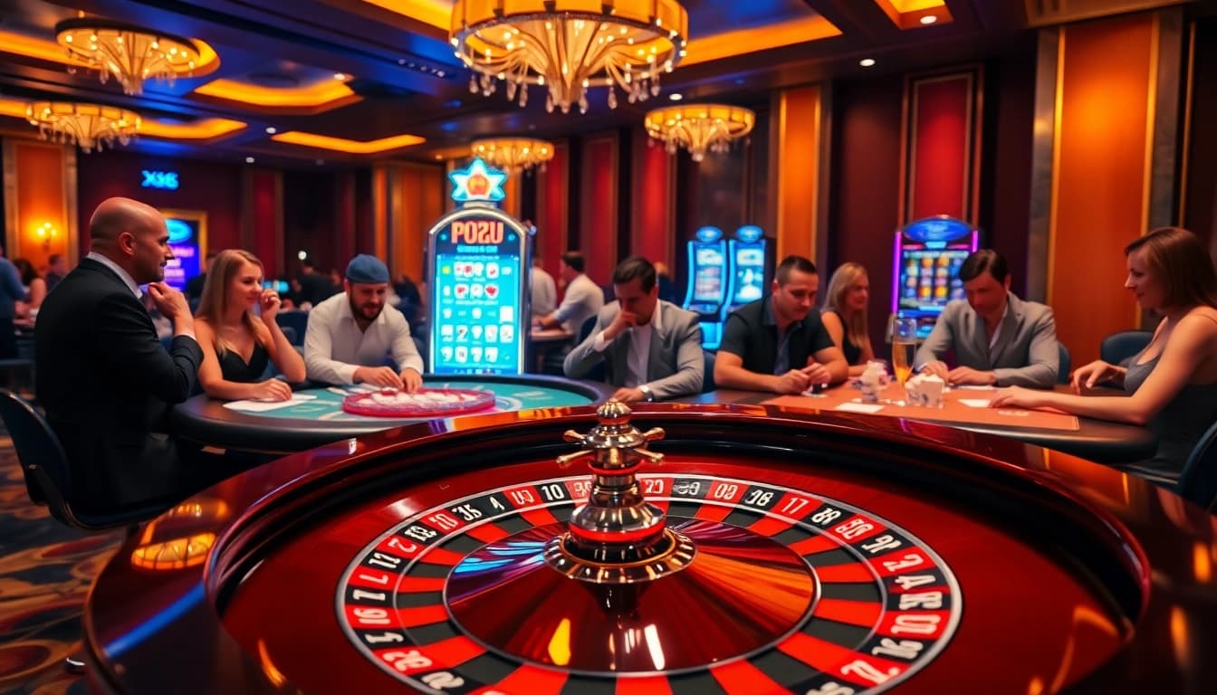 Experience the thrill of XX 88 with players engaging at roulette and poker tables in a vibrant casino.
